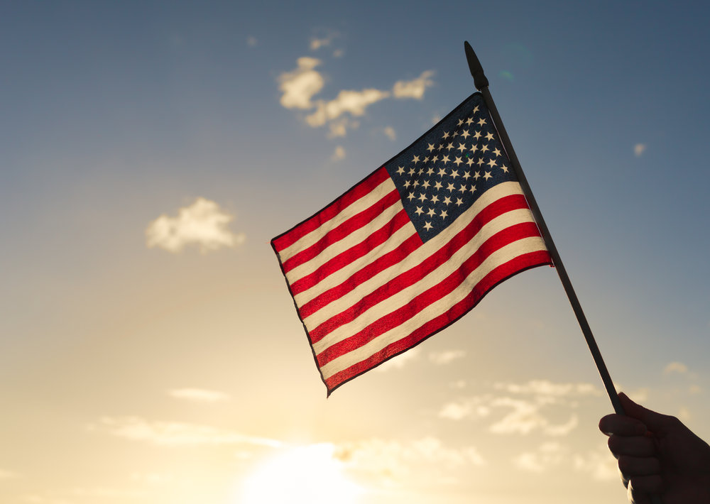 Person holding american flag.