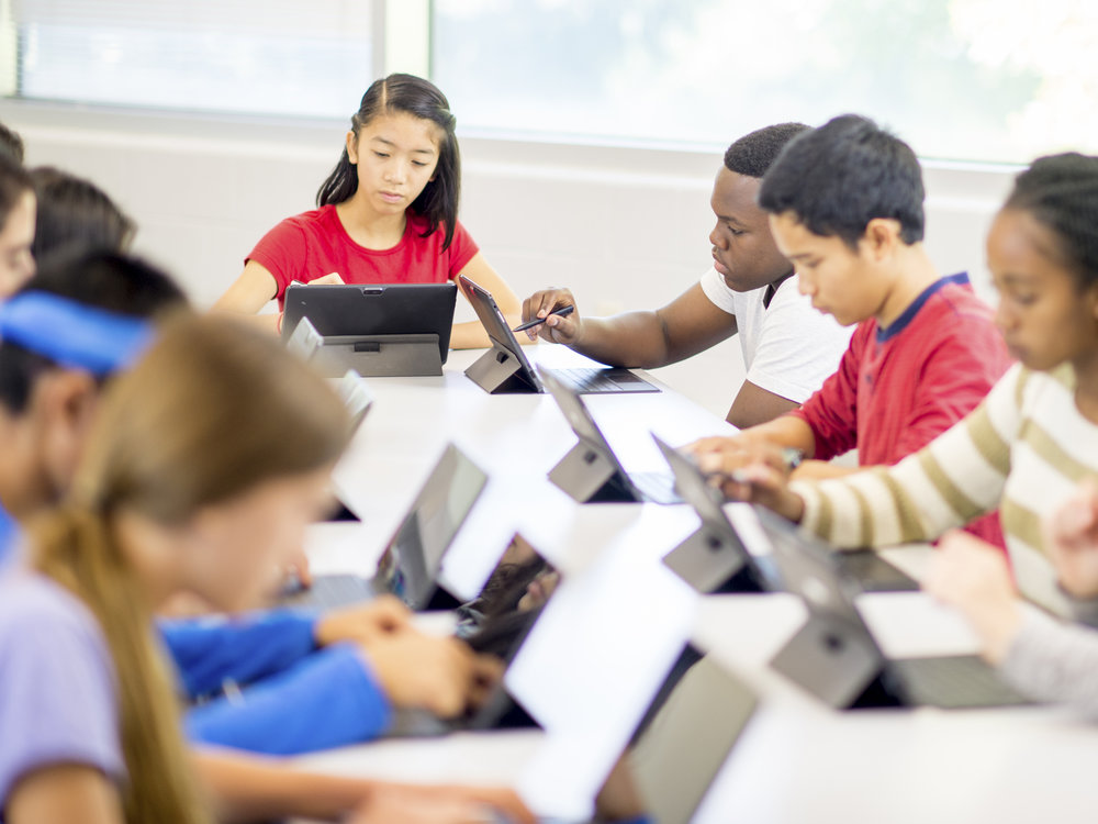 A multi-ethnic group of high school age students are sitting in a row at the computer lab and are doing research for an assignment online.